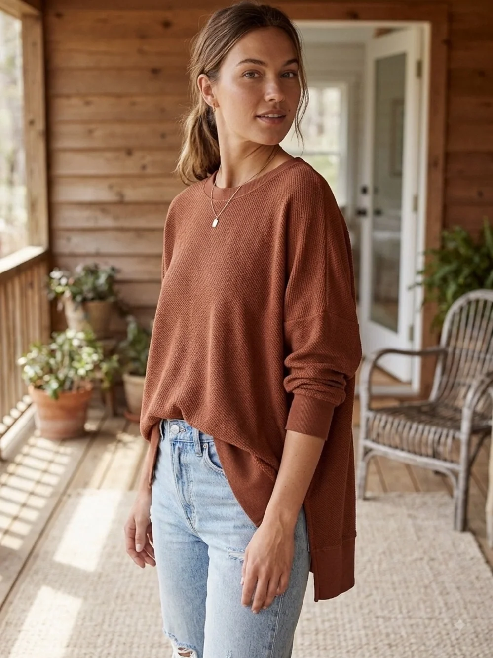 Aerie Ribbed Oversized Sweatshirt Earth Terracotta, Small